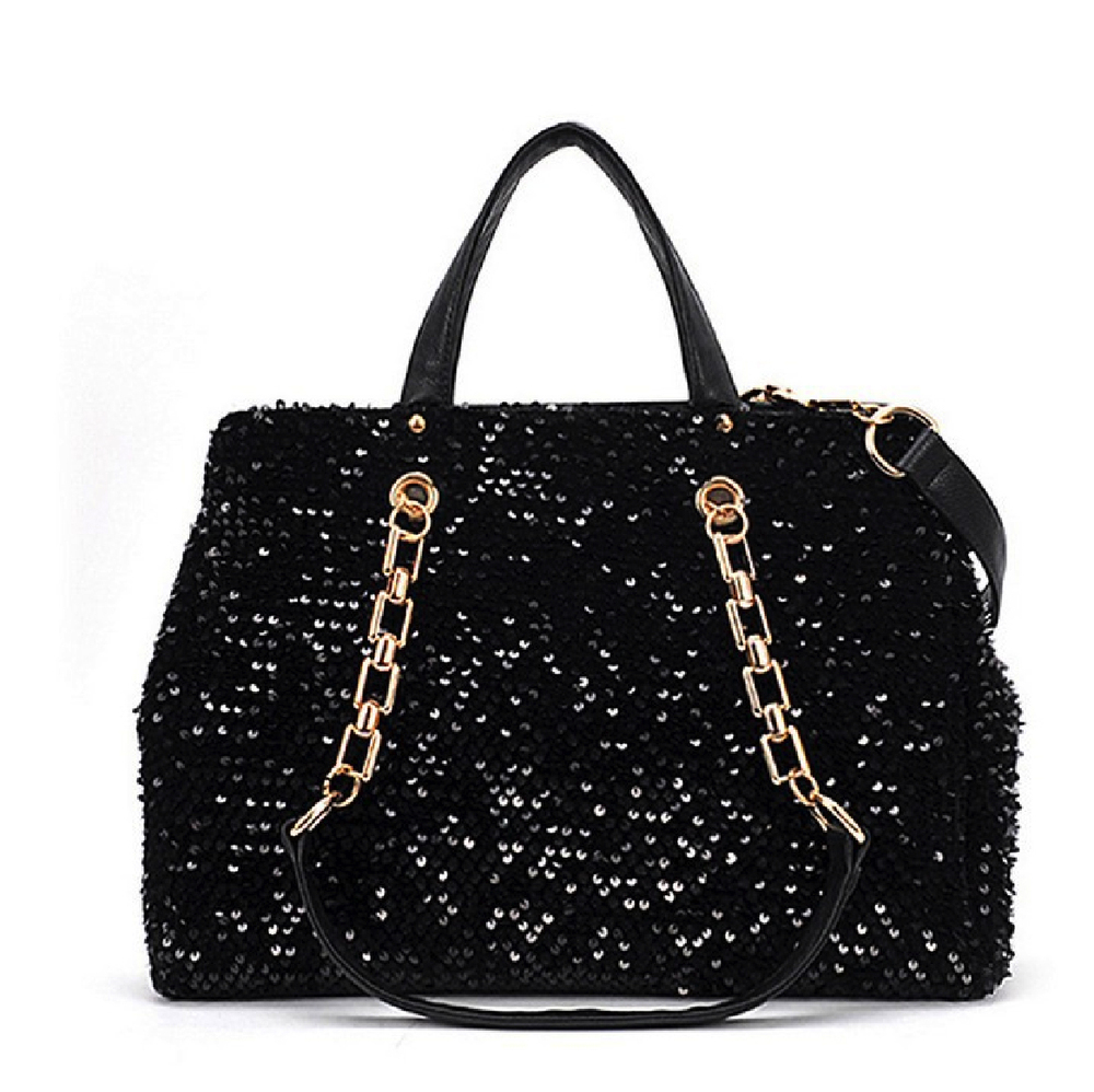 Sexy Shinning Queen Fashion Black Shine Sequins Women Leather Messenger Bags Shoulder Bags Women 